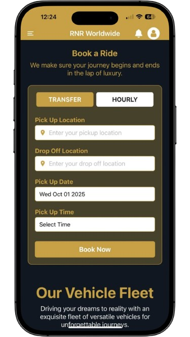 Book a Ride Preview of RNR Mobile App